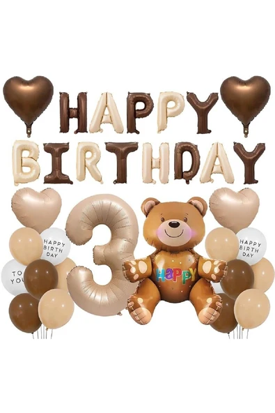 Bkmc 3Yaş Retro Ayıcık Kahverengi Folyolu Balon Happy Birthday Afiş Dekorasyon Doğum Günü Parti Seti Süsü - 2