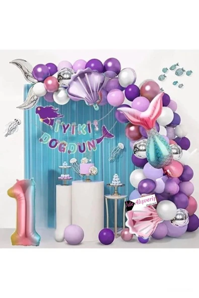 Bkmc 1 Yaş Gümüş Kuyruklu  Deniz Kızı Bannerlı Lüks Doğum Günü Parti Set Doğum Günü Süsü - 2