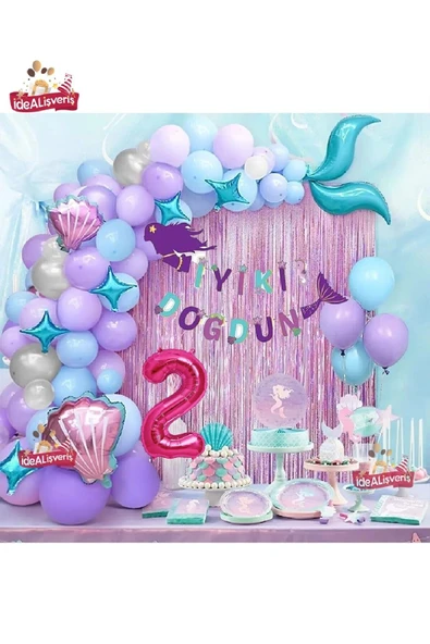 Bkmc 2 Yaş Deniz Kızı Banner Balon Mavi Mor Balonlar Folyo Saçak Perde Seti Doğum Günü Parti Süsü