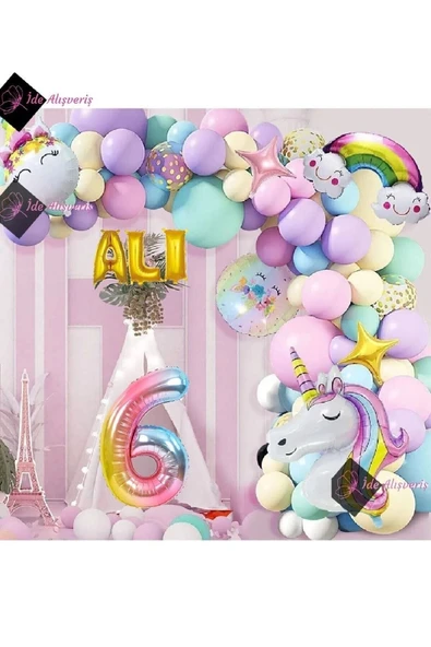 Bkmc 6 Yaş Ve 3 Harfli Gökkuşağı Konsepti Unicorn Temalı Makaron Balon Doğum Günü Parti Kutlama Seti - Resim 3