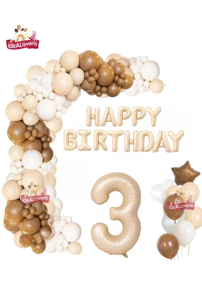 Bkmc Bej Happy Birthday 3 Yaş Folyo Balon Bej Beyaz Kahverengi Konsept Doğum Günü Parti Seti ürün görseli 1