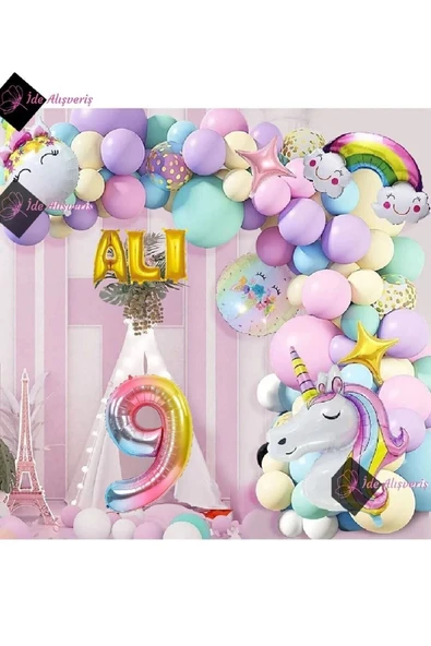 Bkmc 9 Yaş Ve 3 Harfli Gökkuşağı Konsepti Unicorn Temalı Makaron Balon Doğum Günü Parti Kutlama Seti - 2