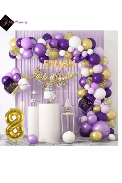 Bkmc 5 Harf İsimli 8 Yaş Macaron Mor Balon Zinciri Seti Gölge Mor Altın Balon Dekorasyon
