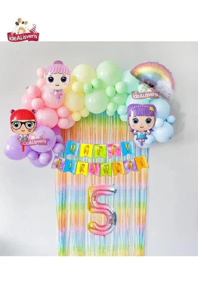 Bkmc LÜKS 5 YAŞ GÖKKUŞAĞI BANNERLI ARKAFONLU BEBEK FOLYOLU BALONLU DOĞUM GÜNÜ PARTİ SETİ SÜSÜ - Resim 2