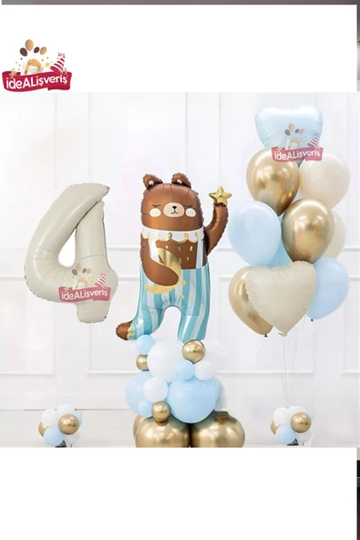 Bkmc SEVİMLİ TEDDY BEAR AYI FOLYOLU 4 YAŞ KREM FOLYOLU DOĞUM GÜNÜ PARTİ SETİ SÜSÜ - Resim 4