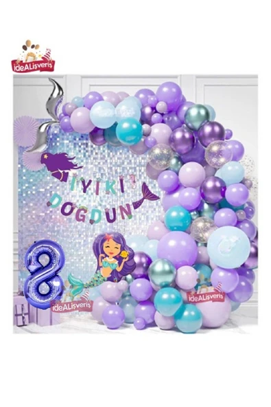 Bkmc Deniz Kızı Bannerli Mor Deniz Kızlı Mor Rakamlı Lüks Mor Doğum Günü Parti Seti Süsü - Resim 8