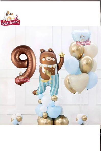 Bkmc SEVİMLİ TEDDY BEAR AYI FOLYOLU 9 YAŞ KAHVE FOLYOLU DOĞUM GÜNÜ PARTİ SETİ SÜSÜ