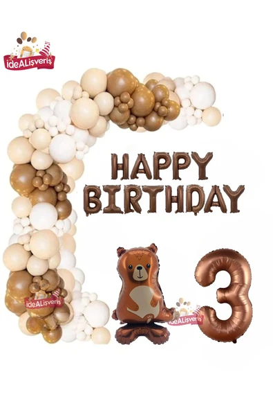Bkmc Ayaklı Ayı Happy Birthday 3 Yaş Folyo Balon Krem Beyaz Kahverengi Konsept Doğum Günü Parti Seti