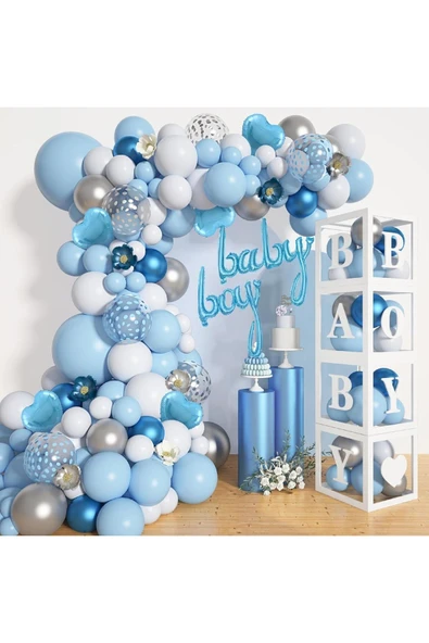 Bkmc LÜKS CİNSİYET PARTİSİ ERKEK ÇOCUK BEYAZ MAVİ BALON KEMER SETİ BEBEK KUTULARI PARTİ MALZEMELERİ - Resim 6