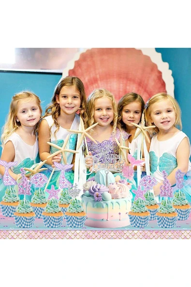 Laviyosa Deniz kızı pasta dekorasyonu, parıltılı deniz kızı pasta dekorasyonu, deniz kızı pasta Süsü - 6