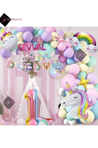 Bkmc 6 Harfli 1 Yaş Karakterli Unicorn Temalı Iyi Ki Doğdun Makaron Balon Doğum Günü Parti Kutlama Seti