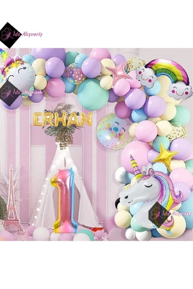 Bkmc 5 Harfli 1 Yaş Gökkuşağı Konsepti Unicorn Temalı Makaron Balon Doğum Günü Parti Kutlama Seti