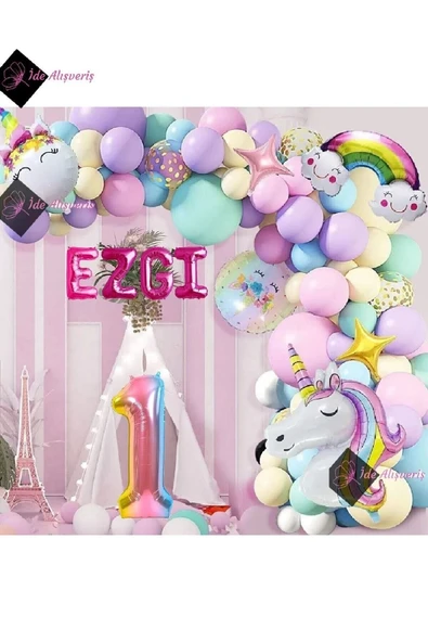 Bkmc 1 Yaş Ve 4 Harfli Gökkuşağı Konsepti Unicorn Temalı Makaron Balon Doğum Günü Parti Kutlama Seti - 4