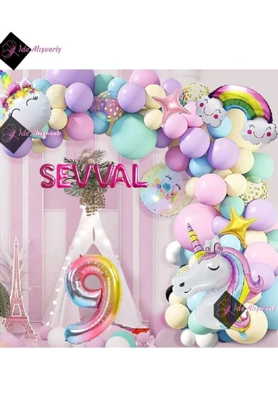 Bkmc 6 Harfli 9 Yaş Gökkuşağı Konsepti Unicorn Temalı Makaron Balon Doğum Günü Parti Kutlama Seti