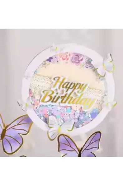 Bkmc Pembe Happy Birthday Yuvarlak Kelebek Pasta Topper Kelebekler Dekorasyon Malzemeleri Pasta Süsü - 6