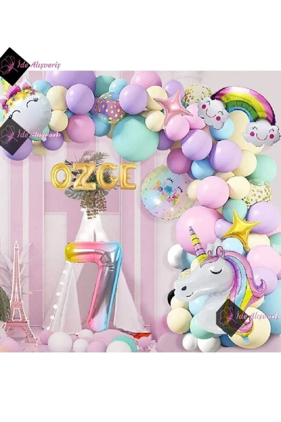Bkmc 4 Harfli 7 Yaş Gökkuşağı Konsepti Unicorn Temalı Makaron Balon Doğum Günü Parti Kutlama Seti
