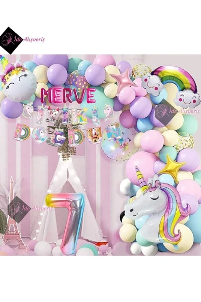 Bkmc 5 Harfli 7 Yaş Karakterli Unicorn Temalı Iyi Ki Doğdun Makaron Balon Doğum Günü Parti Kutlama Seti - 3