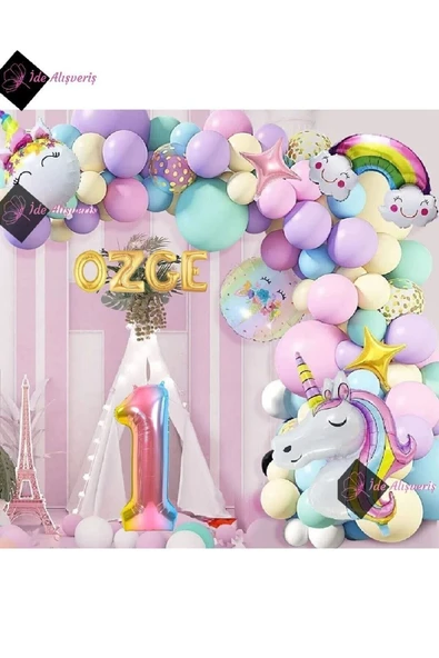 Bkmc 4 Harfli 1 Yaş Gökkuşağı Konsepti Unicorn Temalı Makaron Balon Doğum Günü Parti Kutlama Seti - Resim 3