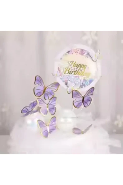Bkmc Pembe Happy Birthday Yuvarlak Kelebek Pasta Topper Kelebekler Dekorasyon Malzemeleri Pasta Süsü - 4