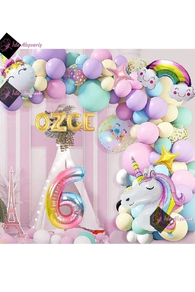 Bkmc 4 Harfli 6 Yaş Gökkuşağı Konsepti Unicorn Temalı Makaron Balon Doğum Günü Parti Kutlama Seti