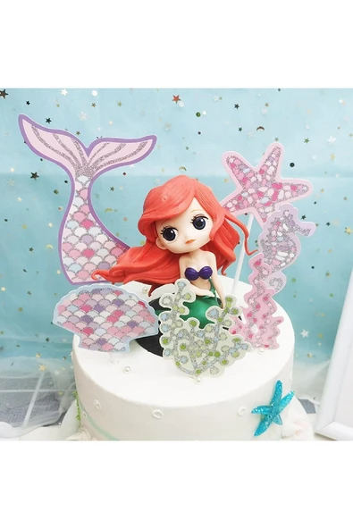 Laviyosa Deniz kızı pasta dekorasyonu, parıltılı deniz kızı pasta dekorasyonu, deniz kızı pasta Süsü - 3