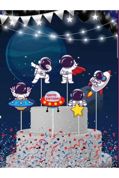 Bkmc 6 adet, Uzay Temalı Doğum Günü Pasta Süsü Uzay Baby Pasta Süsü - 5