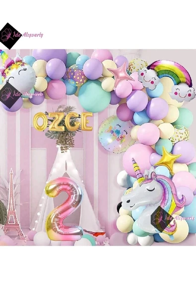 Bkmc 4 Harfli 2 Yaş Gökkuşağı Konsepti Unicorn Temalı Makaron Balon Doğum Günü Parti Kutlama Seti