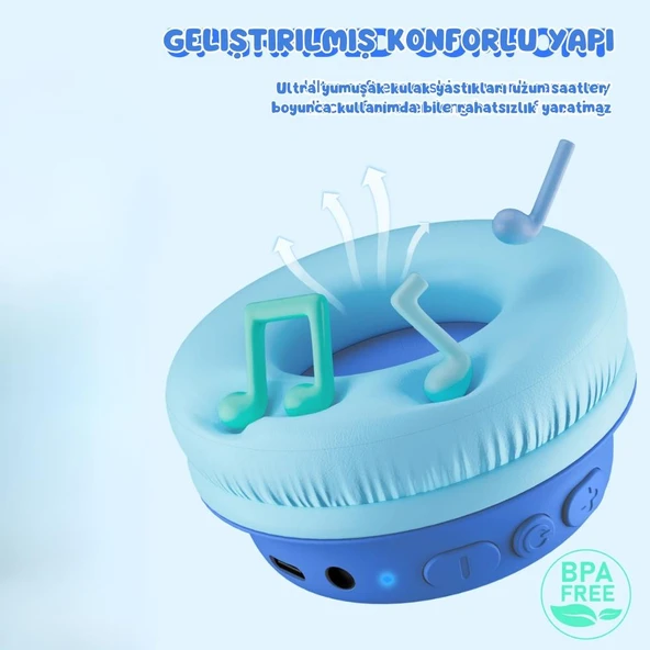 iClever Güvenli Ses Sınırlı 60 Saat Oynatma Süreli Bluetooth Çocuk Kulaklığı Mavi - 10