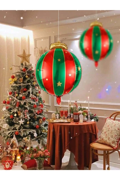 Bkmc Yeni Yıl Konsepti Kırmızı Yeşil Renkli Dekor Süsü Yılbaşı Top Folyo Balon - Resim 2