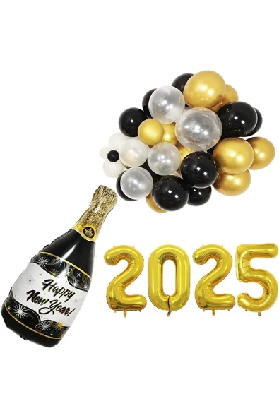 Bkmc 2025 Yılbaşı Partisi Malzemeleri 2025 Balonları,SiyahAltınveBeyaz Happy New Year Şişeli Yılbaşı Süsü