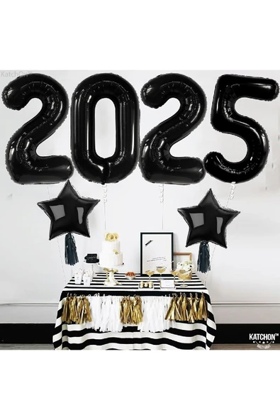 Bkmc Siyah 2025 Balonlu 34 İnç Yılbaşı Parti Malzemeleri için Yıldızlı Balonlu Mutlu Yıllar Süslemeleri - 5