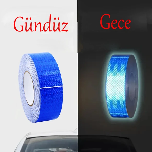 Yapışkanlı 10 Metre Mavi Renk Şerit Bant Parlayan Reflektörlü En 5 cm Onaysız Reflektif İkaz Bandı - 6