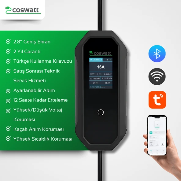 Coswatt Taşınabilir Şarj Cihazı 3.5 kW / 16A / Tip-2 / Ev Tipi Schuko Fiş / 5m Kablolu / 220V AC / Taşıma Çantası Hediyeli - 3