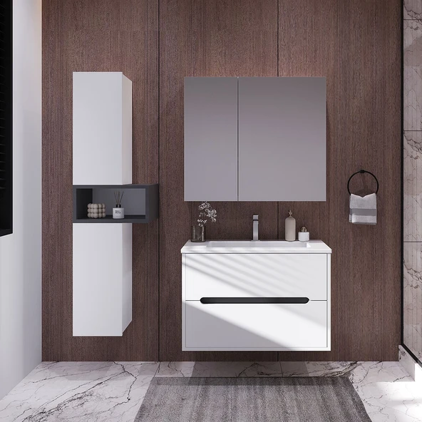 Teta Home Madrid 80 cm MDF Banyo Dolabı Seti ve Boy Dolabı  Beyaz