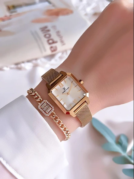 Daniel Klein Spor Hasır Kordon Köşeli Kasa 2 Yıl Garantili Kadın Kol Saati+Bileklik BDK.10791.2 - Resim 2