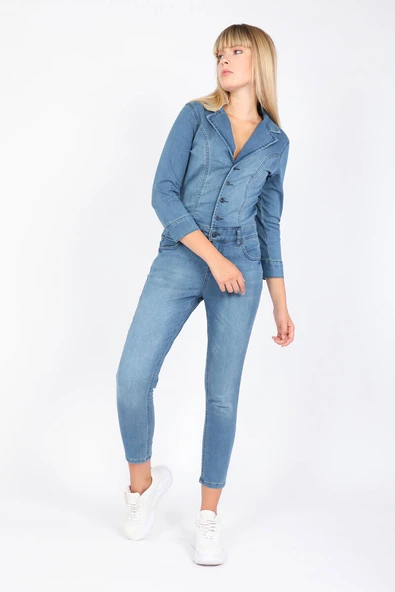 Kadın Mavi Jean Tulum Pantolon - 6