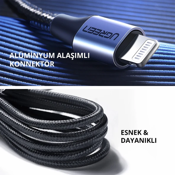 Ugreen 70523 USB-C to Lightning PD 36W 1M Örgülü Hızlı Şarj Kablosu - 5