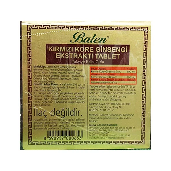 Balen Kırmızı Kore Ginsengi Ekstraktı Tahta Kutulu 600mg X 120 Tablet - 3