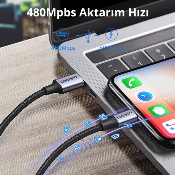 Ugreen 70523 USB-C to Lightning PD 36W 1M Örgülü Hızlı Şarj Kablosu - 4