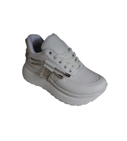 YAZKIŞ Kadın Siyah Beyaz Simli Taşlı Kalın Taban Fashıon Spor Ayakkabı - Resim 3