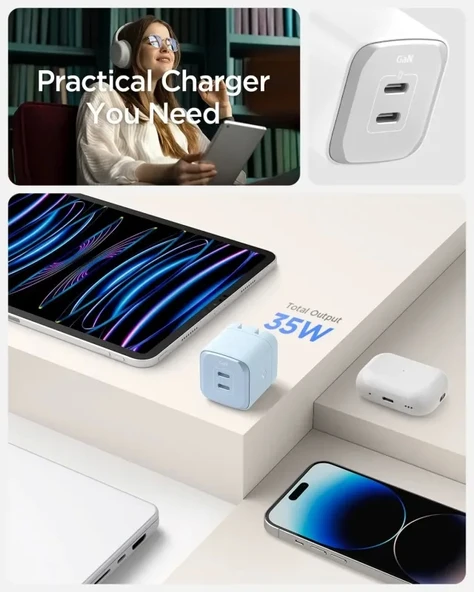 Spigen GaN III 352 35W 2 Bağlantı Noktalı Kompakt Katlanabilir Çift USB C Duvar Şarj Cihazı PD PPS Açık Mavi