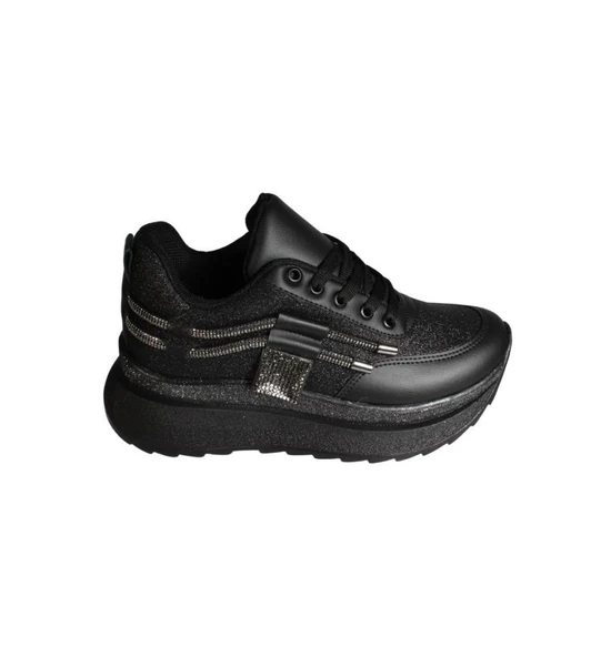 YAZKIŞ Kadın Siyah Beyaz Simli Taşlı Kalın Taban Fashıon Spor Ayakkabı - Resim 19