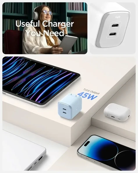 Spigen GaN III 352 35W 2 Bağlantı Noktalı Kompakt Katlanabilir Çift USB C Duvar Şarj Cihazı PD PPS - 2