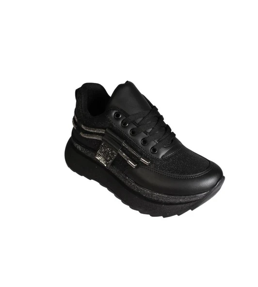 YAZKIŞ Kadın Siyah Beyaz Simli Taşlı Kalın Taban Fashıon Spor Ayakkabı - Resim 12