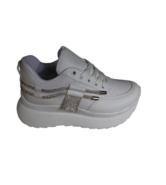 YAZKIŞ Kadın Siyah Beyaz Simli Taşlı Kalın Taban Fashıon Spor Ayakkabı - Resim 15