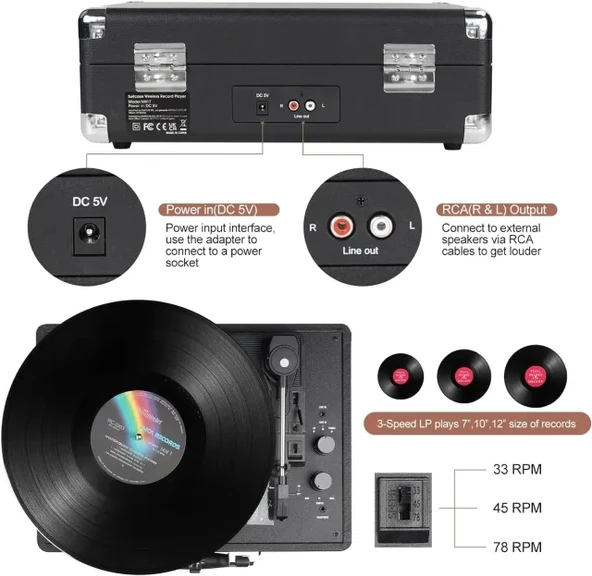 DIGITNOW Vinil Plak Çalar Kablosuz Pikap - 3