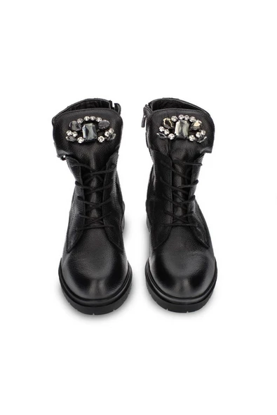 Kadın Hakiki Deri Önü Taş Detaylı Fermuarlı Bağcıklı Kadın Günlük Bot - Resim 3