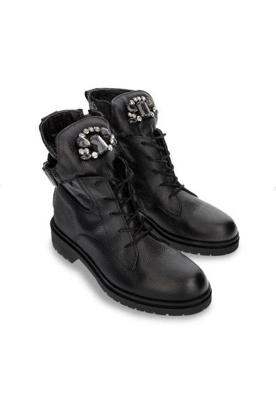 Kadın Hakiki Deri Önü Taş Detaylı Fermuarlı Bağcıklı Kadın Günlük Bot ürün görseli