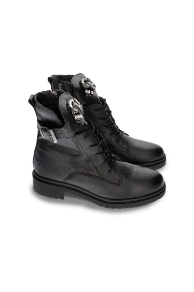 Kadın Hakiki Deri Önü Taş Detaylı Fermuarlı Bağcıklı Kadın Günlük Bot - Resim 2