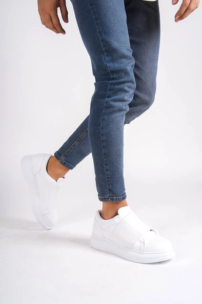 Pabucmarketi Bağcıksız Geniş Bantlı Erkek Günlük Ayakkabı BEYAZ (BEYAZ TABAN) - Resim 3